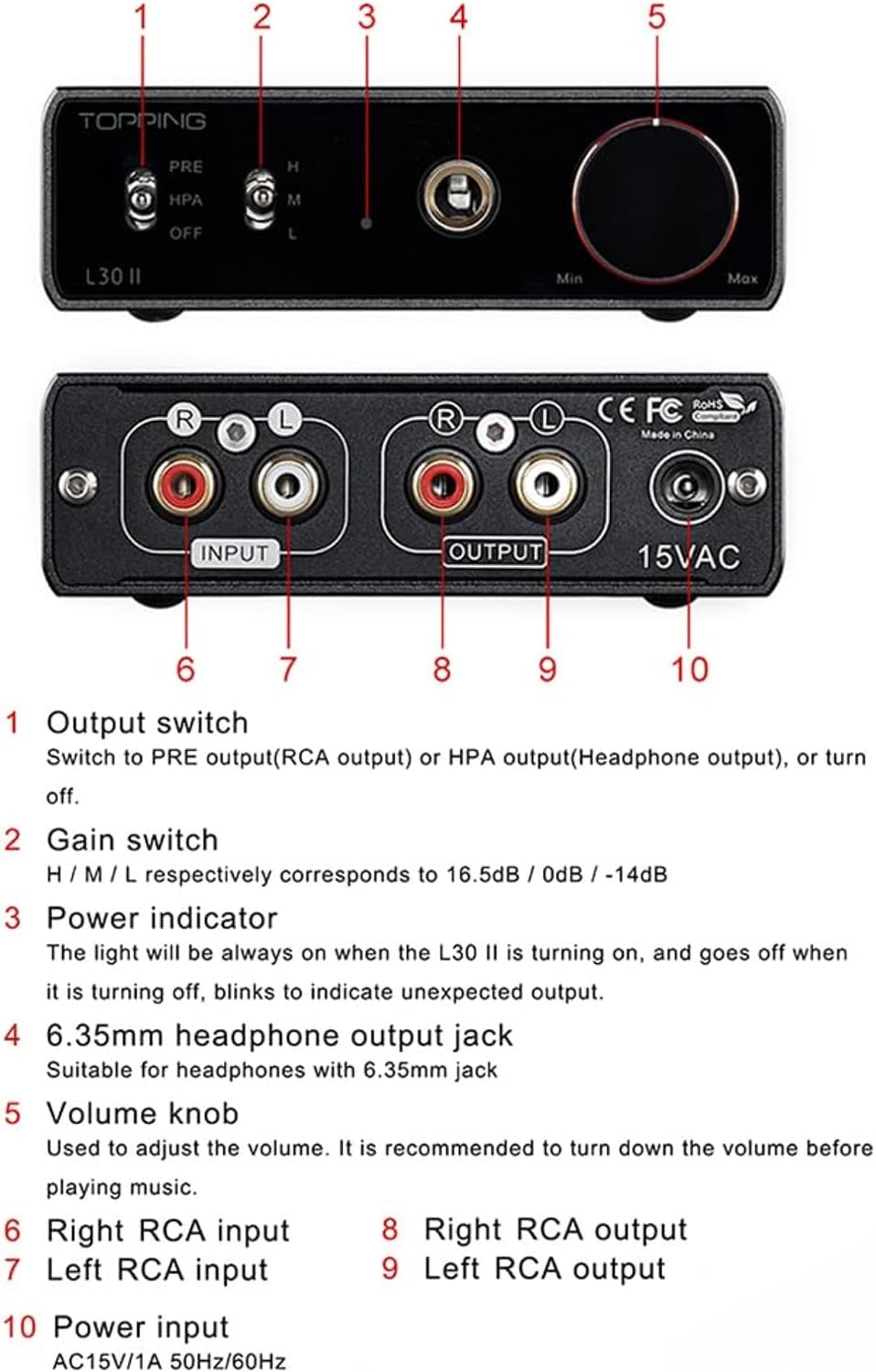 AOSHIDA Topping L30II NFCA Headphone Amplifier, 3500mW×3500mW Hi-Res Audio Earphone Amplifiers, RCA to 6.35mm Headphone Amplifier, Pre Amp Preamplifier with 3 Gains Settings, Black