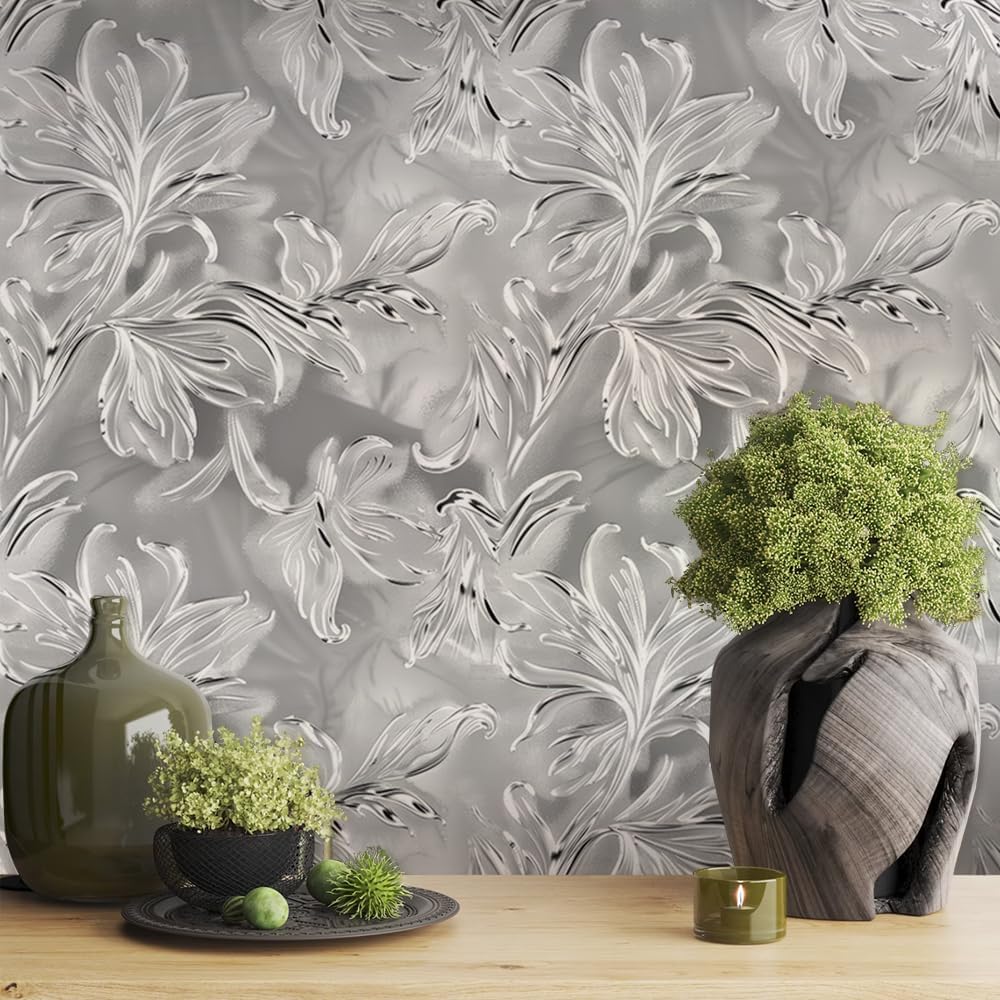18"x236" Elegant Floral White Silver Leaf Stem Peel and Stick Wallpaper Easy Peel Off Contact Paper Vintage Vinyl Self Adhesive Removable Stick on Wall Paper for Kitchen Cabinet Renter Friendly