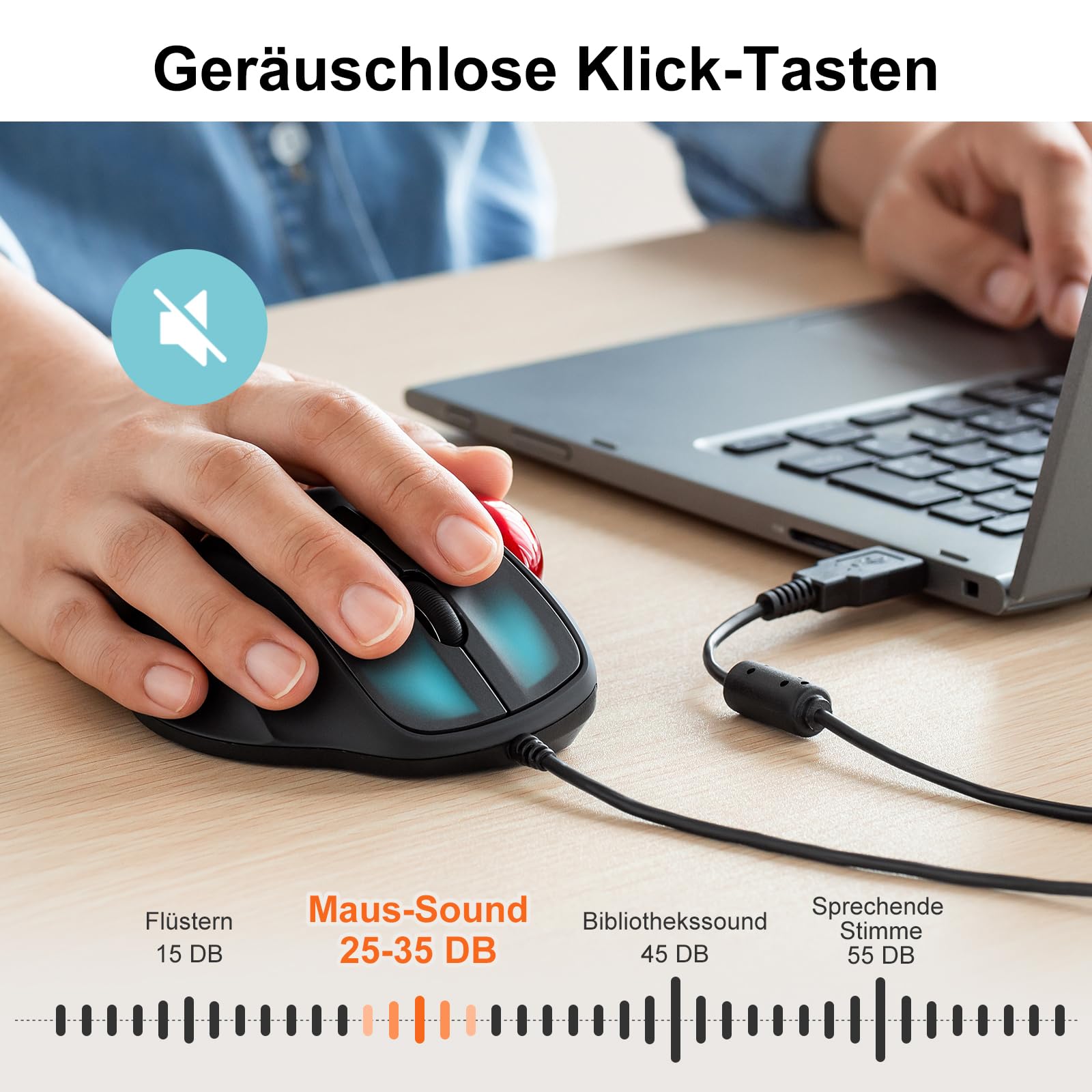 SANWA Trackball Maus mit Kabel, Leise Klik Mäuse, 600/800/1200/1600 DPI, USB-A & Type-C Anschluss, Vorbeugung Mausarm Tennisarm RSI, 34mm Ball Daumenkontrolle, Kompatibel mit Winows, Mac, PC, Schwarz