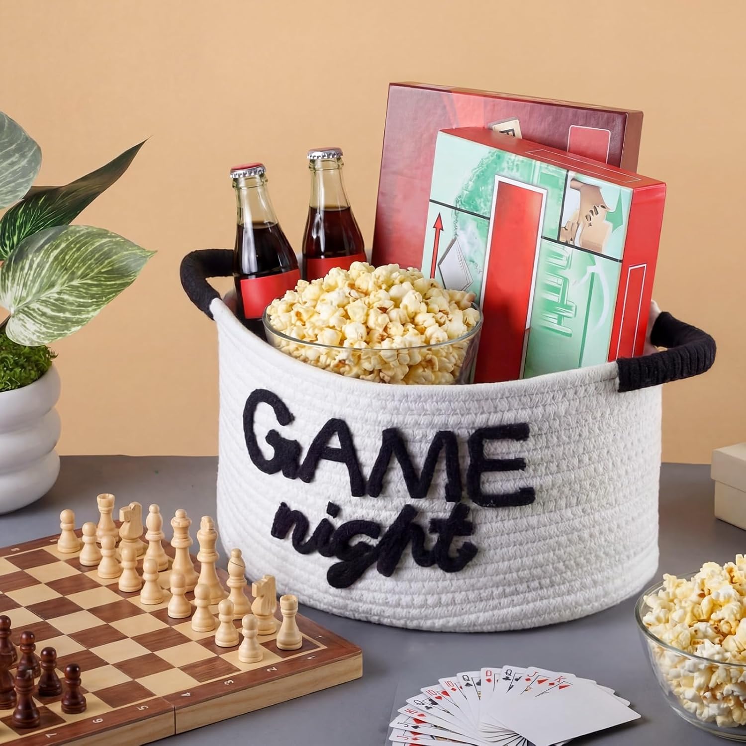 Yungyan Movie Night Supplies Snack Trays Basket with Handles Reusable Cotton Rope Bucket Bowl Container Stuffers Storage Gifts for Theater Popcorn Family Room Decor(Game Night,Black)