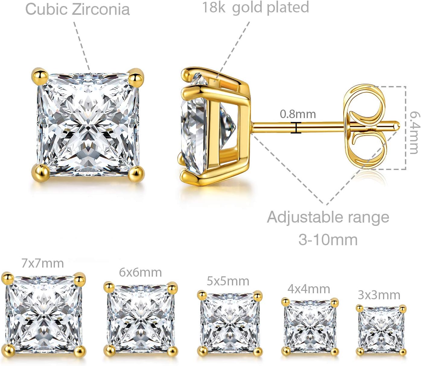 MDFUN 5 Pairs Square Earrings Set for Women Hypoallergenic 18K White Gold/Yellow Gold/Rose Gold Plated Princess Cut Clear Cubic Zirconia Stud Earring 3-7MM Pack of 5 - Image 4