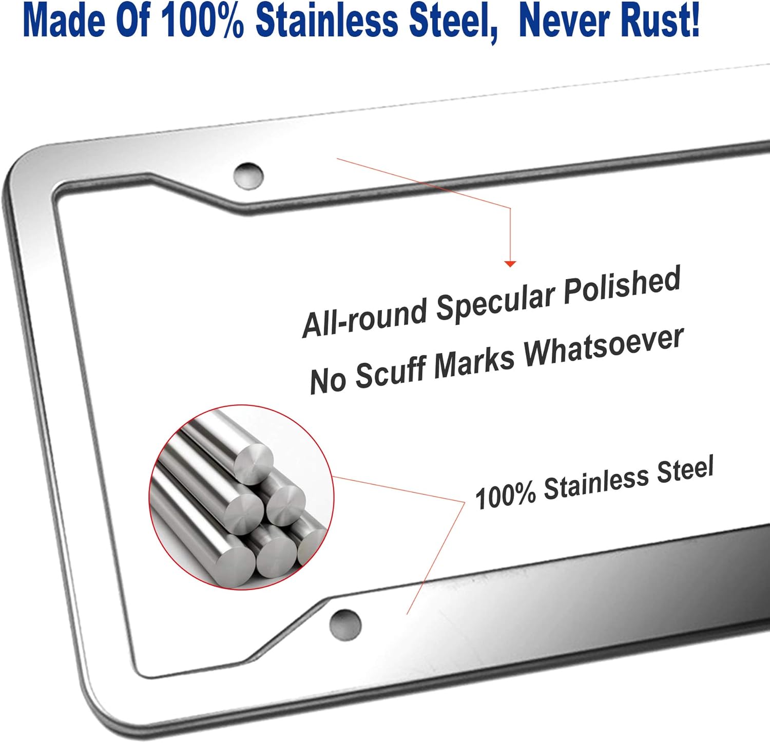 BGGTMO Stainless Steel License Plate Frames- 2 Pack Heavy Duty Polished Mirror Car Tag Cover with Chrome Screws Caps, 4 Holes Front & Rear Holders with Fasteners, Inserts, Rust/Rattle Proof Pads