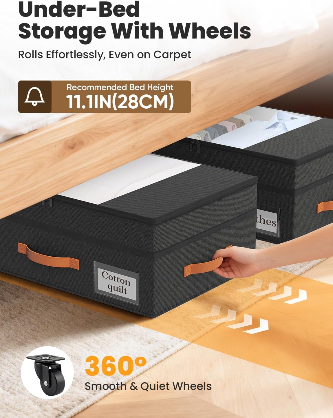 2-Pack Under Bed Storage with Wheels and 6 Vacuum Seal Bags, Adjustable Height 7.9"-10.2",Heavy Duty Capacity,Clear Lid Organizer for Dorm Bedroom Clothes Shoes Books,Quick Assembly Space Saver，Black