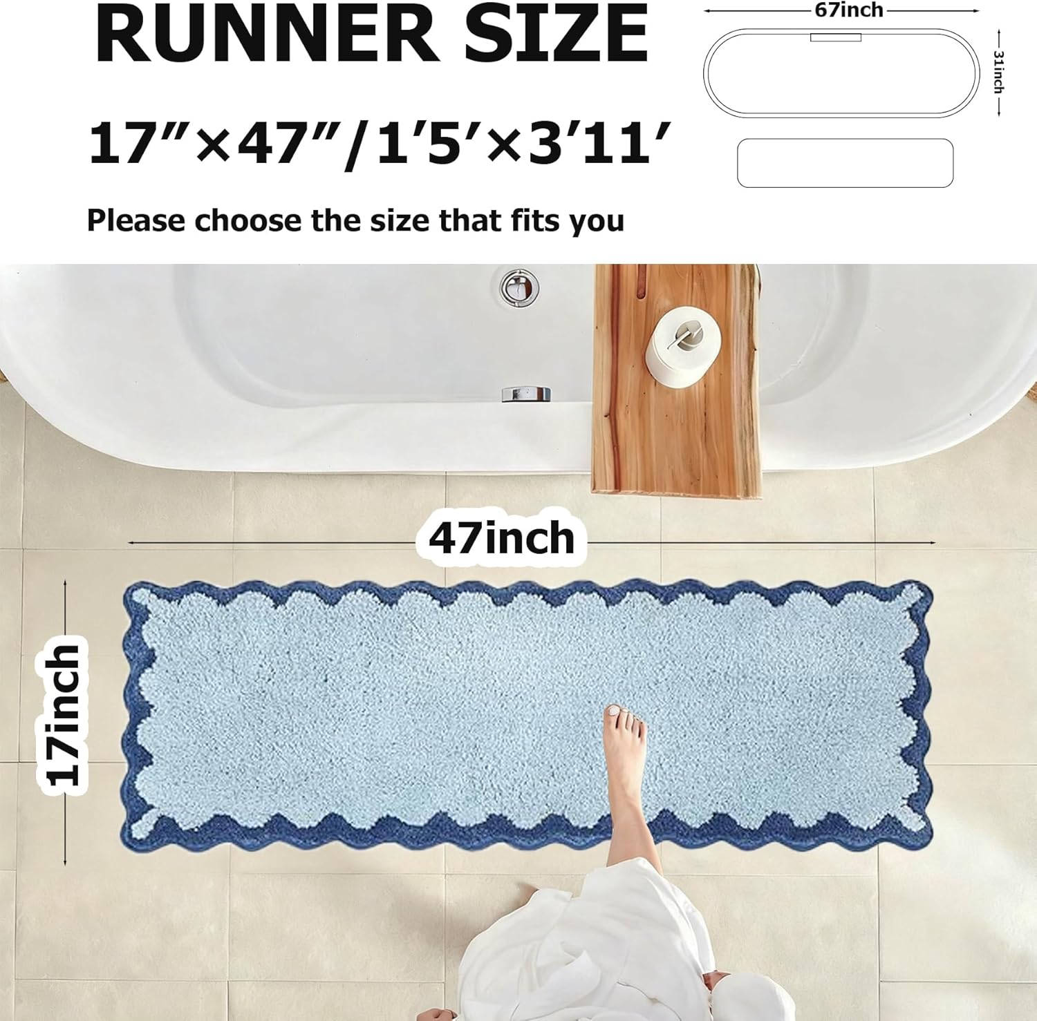 ORTIGIA Long Cute Scalloped Bathroom Rugs Runner, Fun Blue Plush Microfiber Scallop Bath Mats Non Slip Washable Quick Dry Absorbent, Rug Carpet for Bathtub Sink Laundry Room Bedroom, 17x47 - Image 2