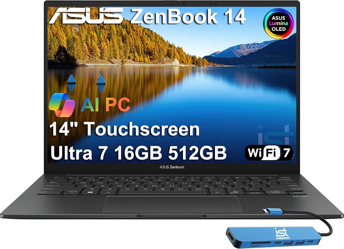 ASUS Zenbook 14, 14" Touchscreen, Intel Ultra 7 255H, 16GB DDR5, 512GB SSD | FHD+ OLED AI PC Laptop, 16-Core, > i9-13900H, Backlit, Wi-Fi 7, IR Webcam, 18-Hr Battery, IST HUB, Win 11 Pro, UX3405