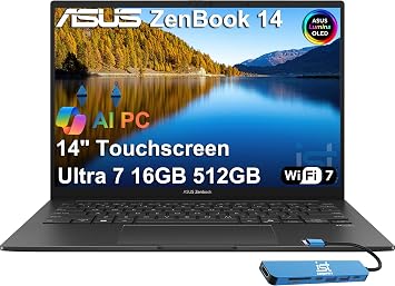 ASUS Zenbook 14 OLED Touchscreen AI PC Laptop,14" FHD+, Intel Ultra 7 255H, 16GB DDR5, 512GB SSD,16-Core > i9-13900H, Backlit, Wi-Fi 7, IR Webcam, 18-Hr Battery, IST Hub, Win 11 Pro, UX3405