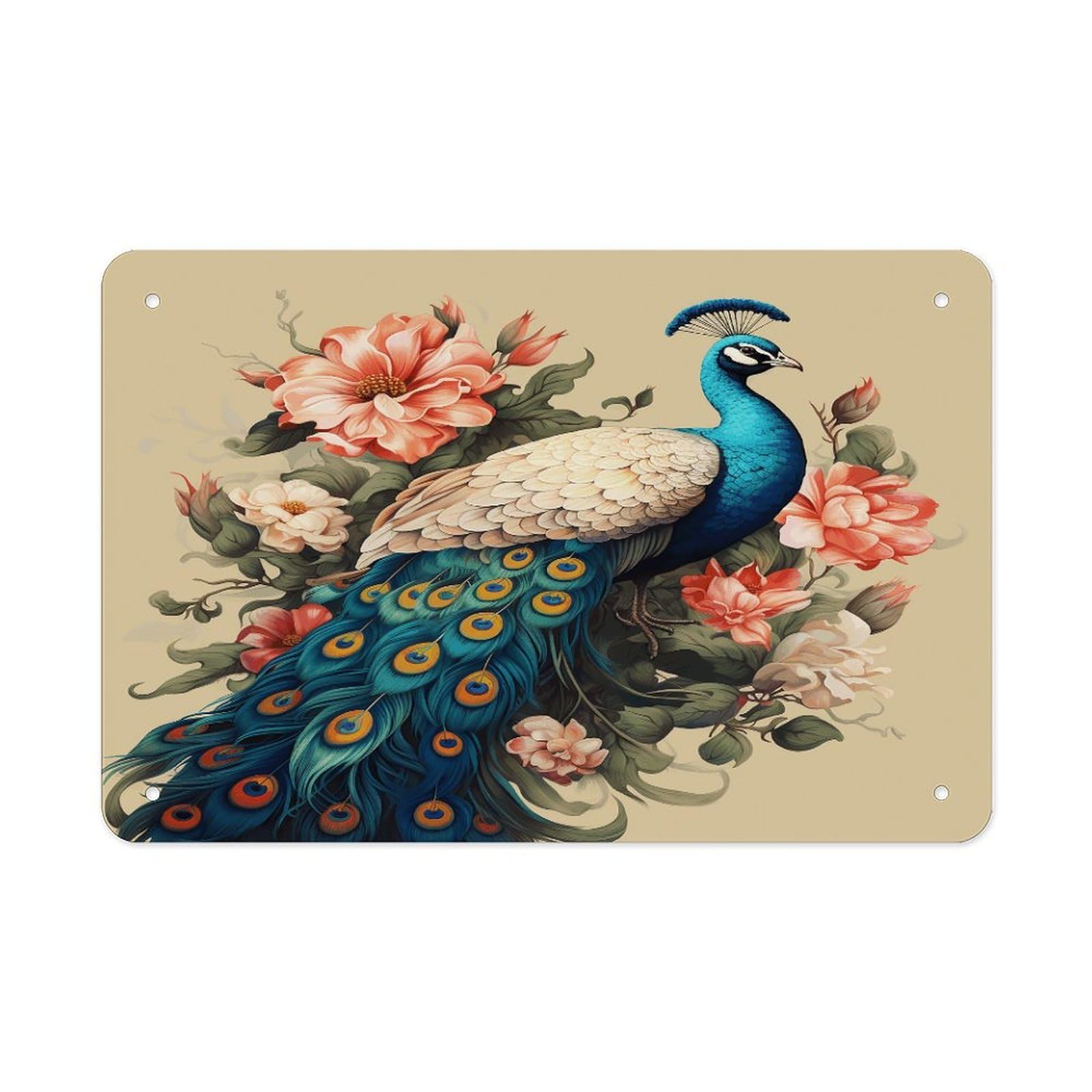 Fekiloot Style Peacock And Flowers Metal Signs Wall Art Tin Sign