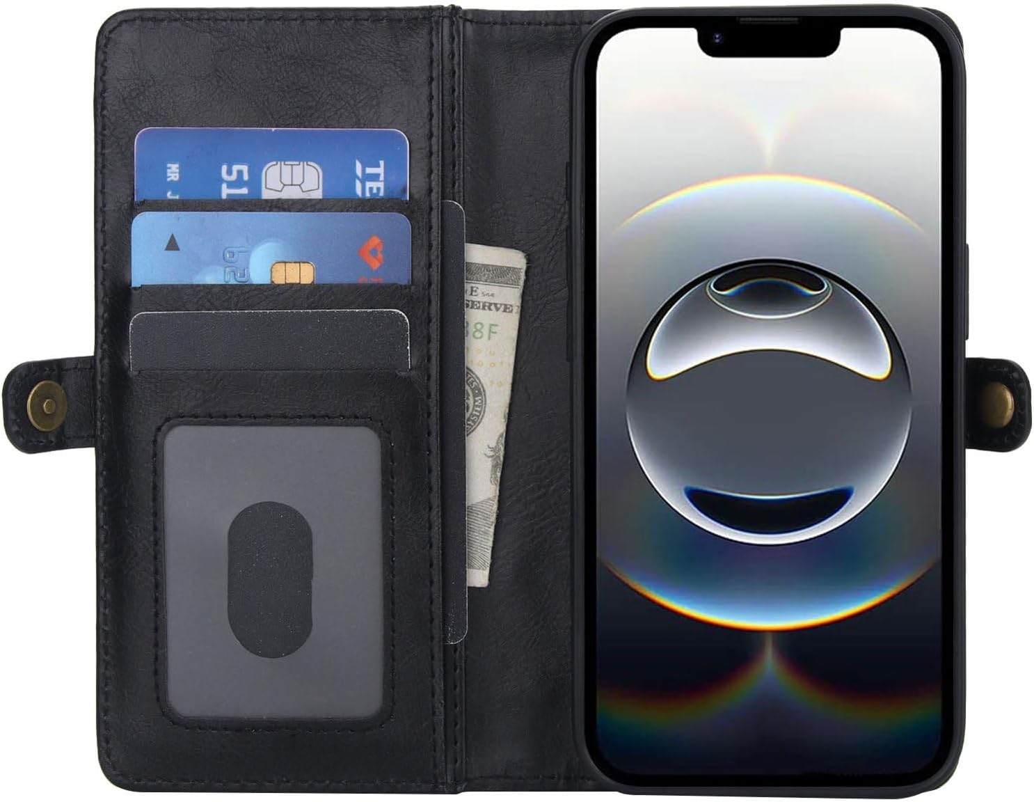 Wallet Case for iPhone 14 Pro, PU Leather Detachable Magnetic Flip Cover with Card Holders Wrist Strap - Black