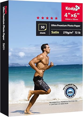 Koala Ultra Premium - Papel fotográfico satinado de 4 x 6 pulgadas, para impresora de inyección de tinta, resistente al agua, semibrillante, 50