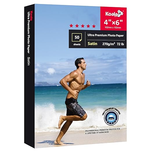 Koala Ultra Premium Photo Paper 4X6 In Satin Photo Printer Paper for Inkjet Printer Water-Resistant Semi Gloss 50 Sheets 72lb