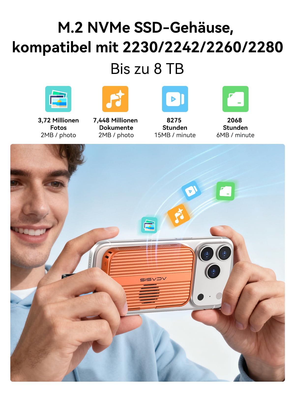 ACASIS 6-in-1 M.2 NVMe SSD-Gehäuse & USB-C Dockingstation, 10Gbps | Magnetisch für MagSafe, 4K@60Hz HDMI, SD/TF-Reader, 100W PD, für 2230-2280 SSD, mit Lüfter, ohne SSD enthalten
