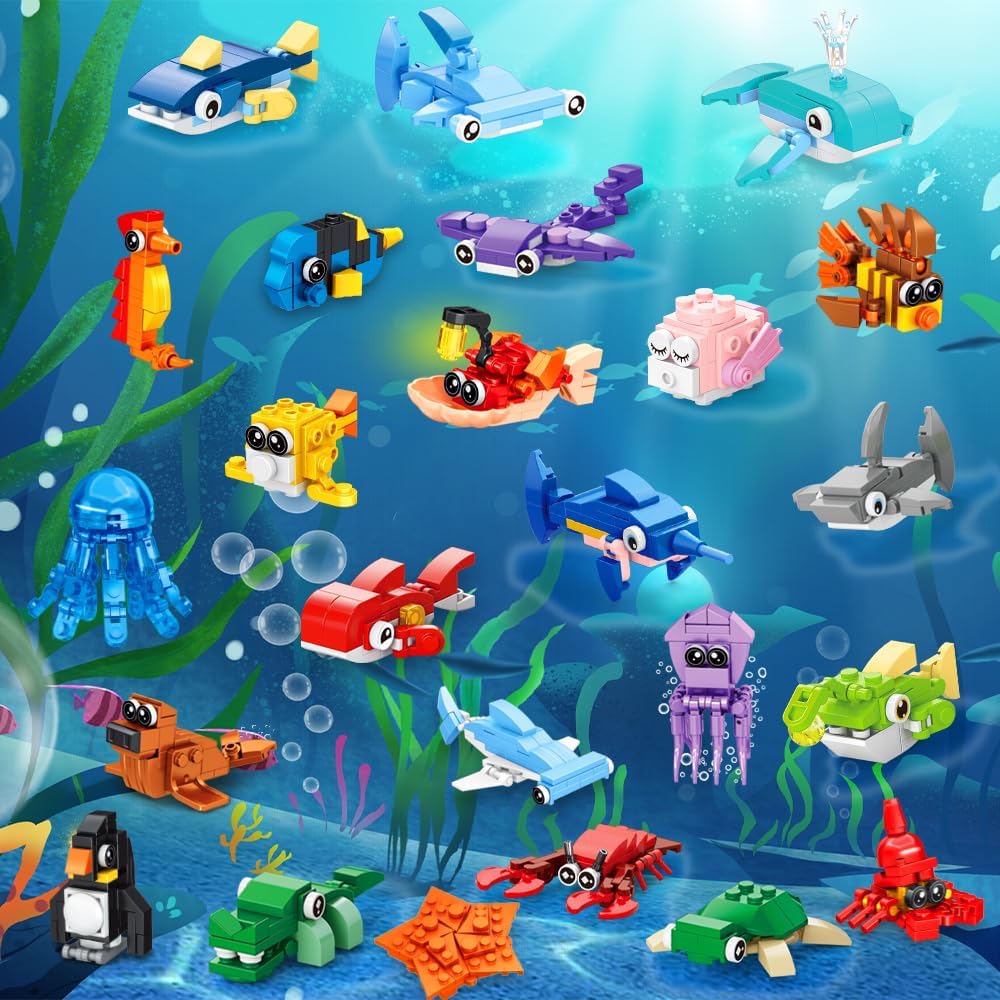 DULEFUN 25pcs Building Blocks Bricks Party Favors Toys for Kids Marine Animals Block for Classroom Prizes Birthday Gift Halloween Christmas Valentine Easter Favor for Boy Girl Ages 6+
