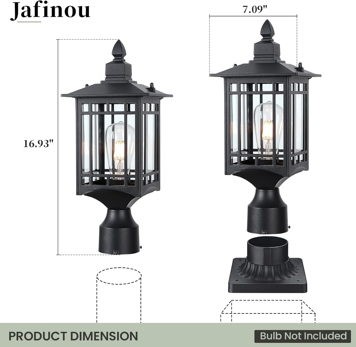 Outdoor Post Light，17in Matte Black， Lamp Post Light Fixture, Waterproof Aluminum Housing with Glass，Outdoor Lighting Pole Lantern for Outside Yard Patio Pathway Garden Deck, Hard Wired