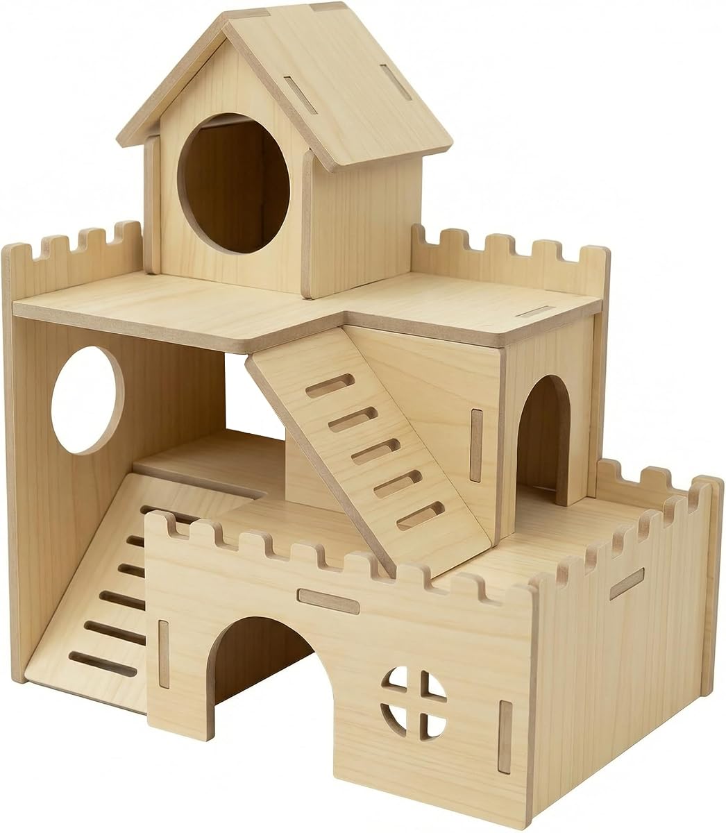3-Tier Wooden Hamster Hideout, Syrian Hamster House with Ramps & Entrances, for Dwarf Hamsters, Gerbils (Not for Guinea Pigs)