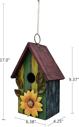 Miniatura 6 de Attraction Design Casa de pájaros decorativa rústica para exteriores, casa de pájaros de madera pintada a mano con decoración de girasol, jardín