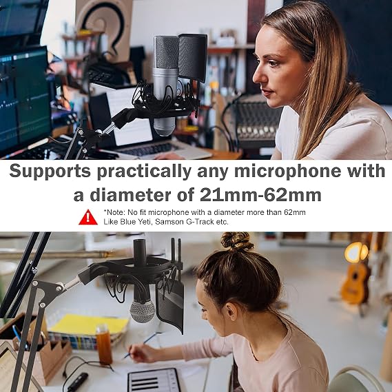 Universal Microphone Shock Mount with Pop Filter for All Microphones Size at 21mm-62mm, Includes Anti-Vibration Mic Holder and Pop Filter (Black)