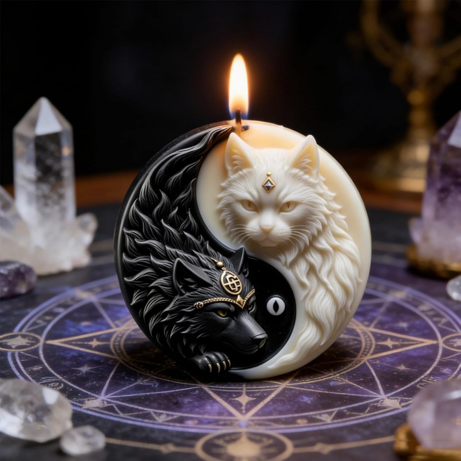 Yin-Yang Wolf & Cat 3D Carved Candle Mold, Animal Resin Casting Silicone Molds for Candle Making & Handmade Soap, DIY Wax Plaster Clay Craft Resin Art Home Decorations