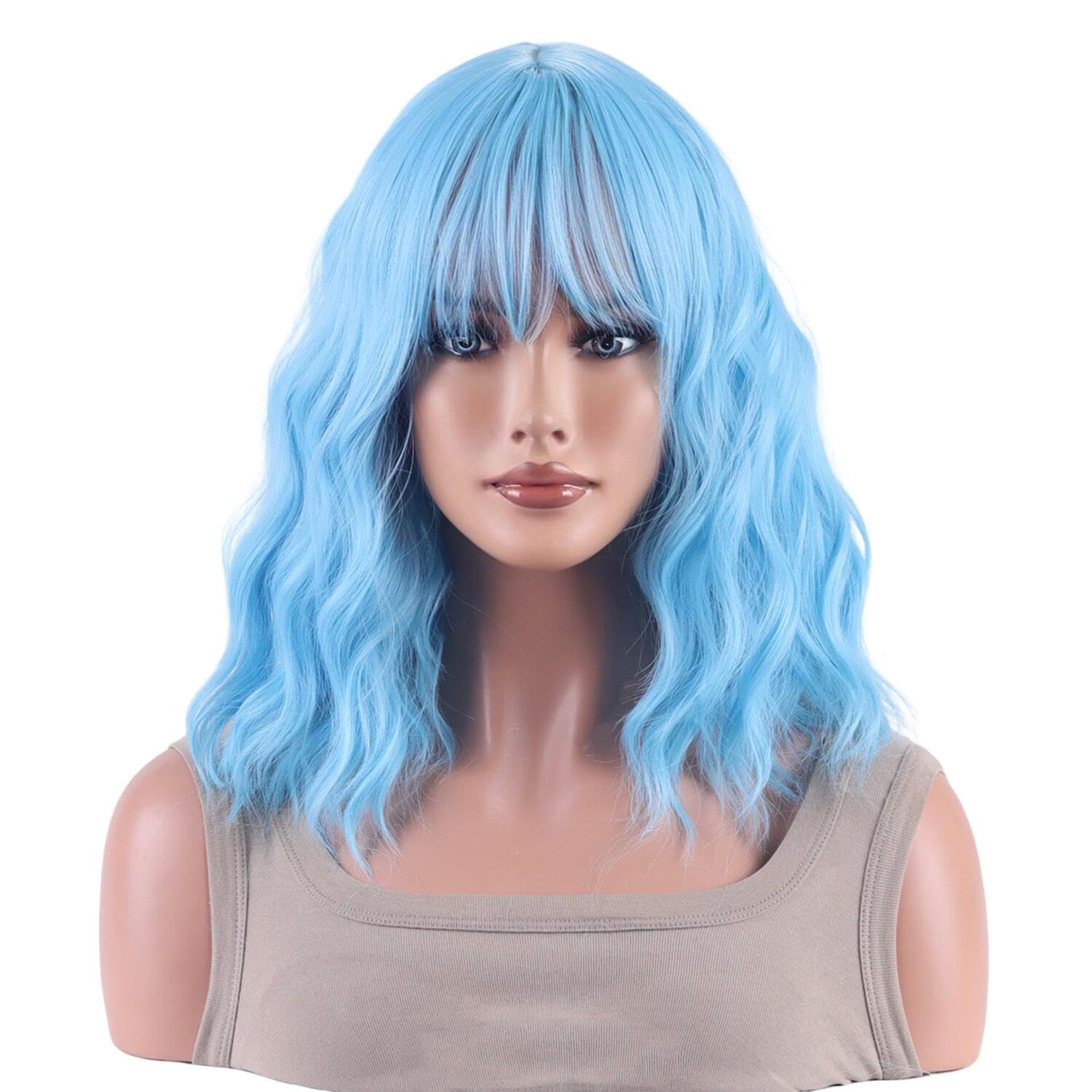 ANESHE Blue Wig Short Curly Wavy Bob Wigs with Air Bangs for Women Sky Blue Wig Synthetic Wigs for Party Cosplay (14" Light Blue)
