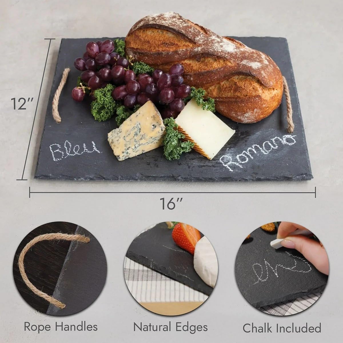 Personalized Slate Charcuterie Board with Rope Handles & Chalk | Custom 16" x 12" Slate Stone Cheese Board | Unique Gift for Weddings, Housewarmings & Entertaining