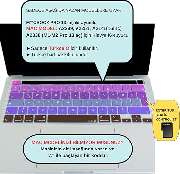 McStorey MacBook Pro Türkçe Q Klavye Koruyucu A2338 M1/M2 A2251 A2289 A2141 Uyumlu Silikon Keyboard Cover Touch Bar 13 inç 16 inç Pembe Mavi