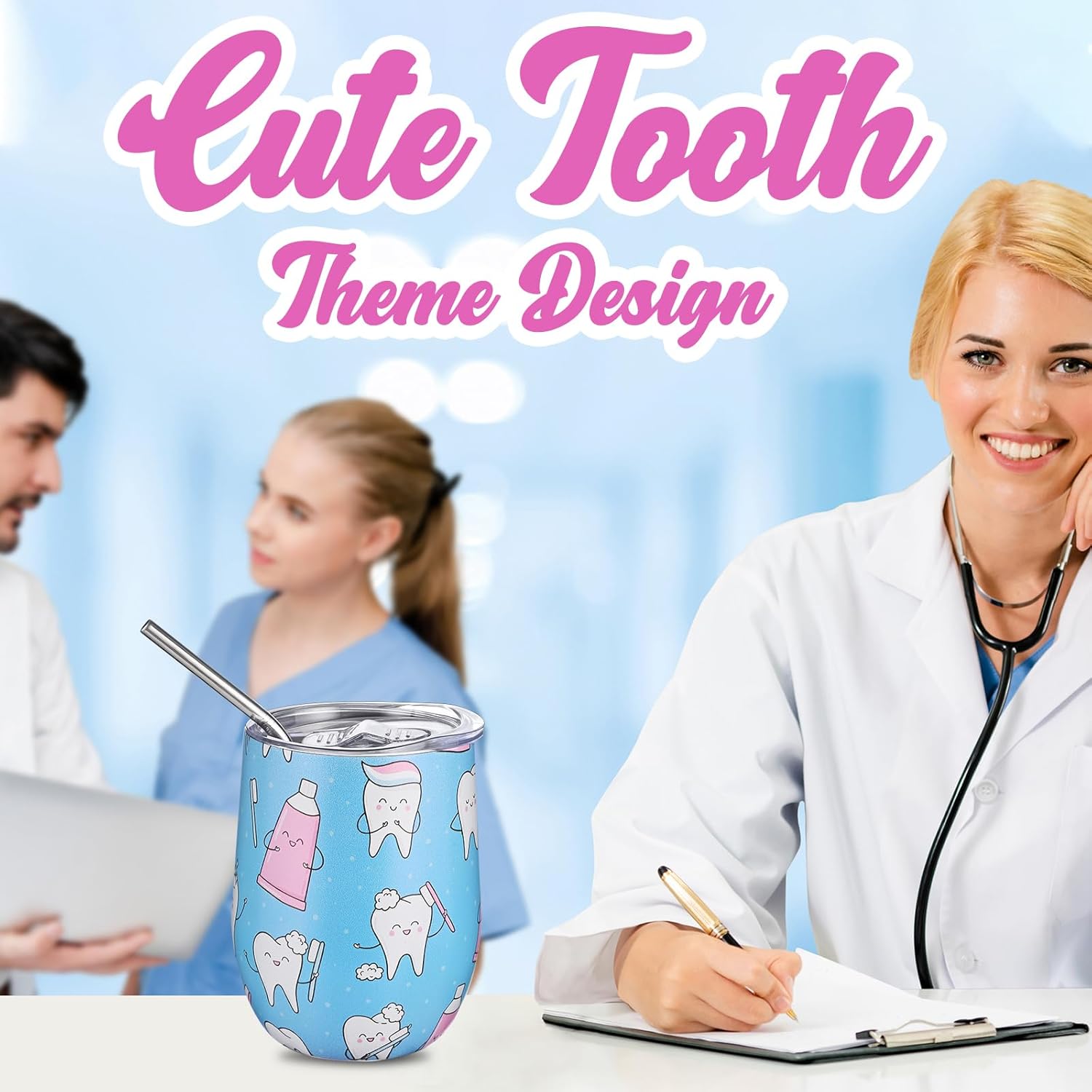 Yoiemivy 4 Sets Dental Assistant Gifts, Dental Hygienist Gifts Bulk 12 oz Teeth Stainless Steel Insulated Tumblers with Straws Lids and Tooth Keychains, Gift Ideas for Nurse Graduation - Image 6