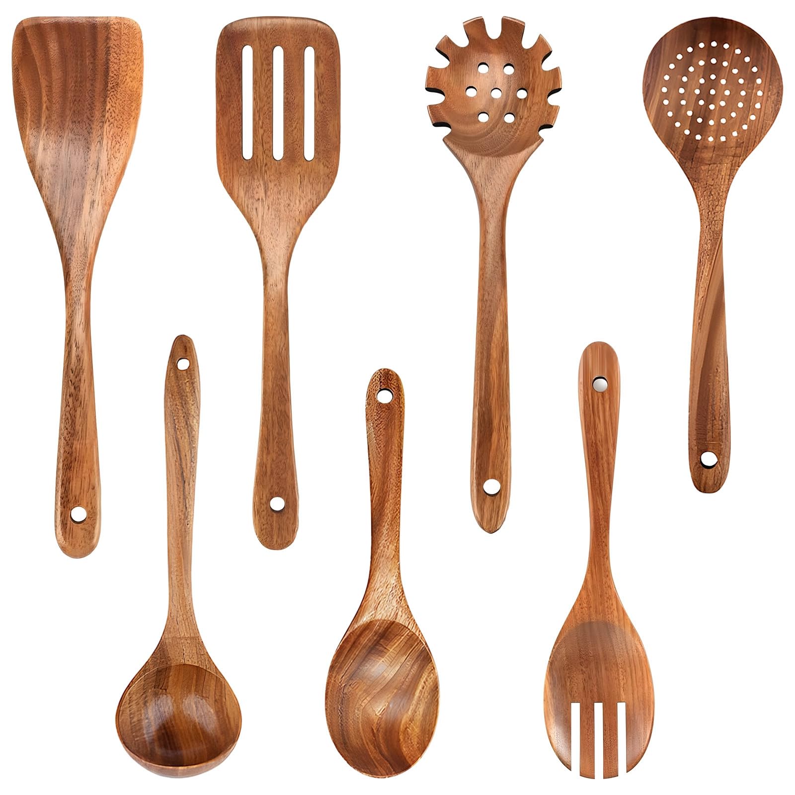 Küchenhelfer-Set aus Holz, 7-teiliges Teak-Kochwerkzeug mit langen Griffen, antihaftbeschichtet & leicht zu verstauen, inklusive Spatel, Schöpfkelle und mehr