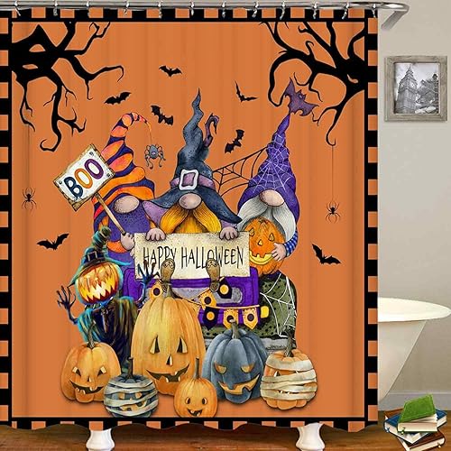 Miniatura 3 de Juego de 4 cortinas de ducha de gnomos lindos de Halloween, cortina de ducha de tela impermeable, alfombra de baño antideslizante, divertida