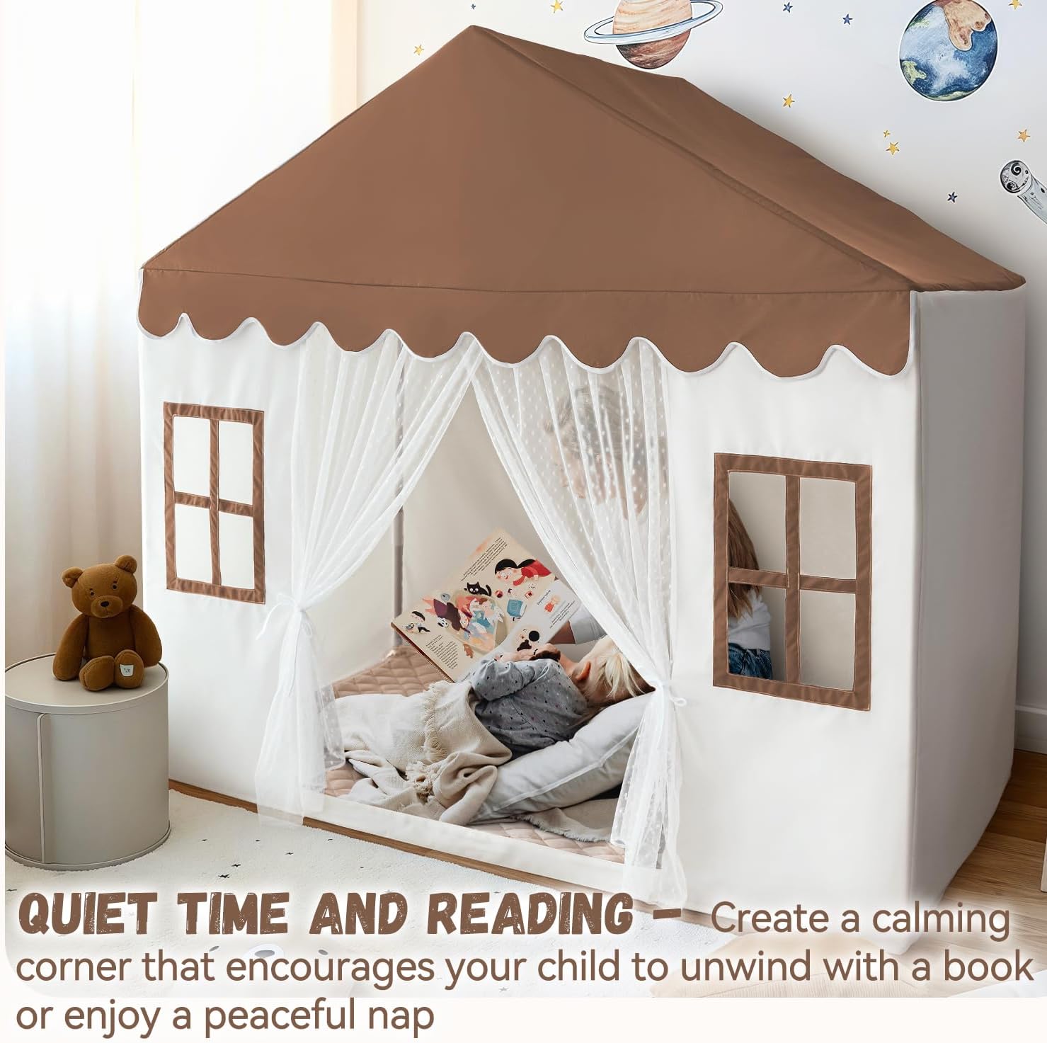 Kids Play Tent with Mat, Large Playhouse Play Tent Indoor for Girls Boys, Kids Tent Toys for Toddlers Children Play House for Birthday Toy House Gift (Brown)