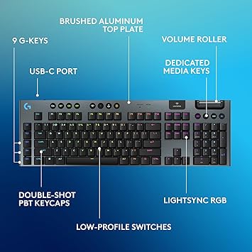 Logitech G915 X Lightspeed Low-Profile Wireless Gaming Keyboard, Double-Shot PBT Keycaps, Fully Programmable Keys, RGB Backlighting, Sleek Aluminum Finishing, GL Red Linear Switches - PC/Mac - Black