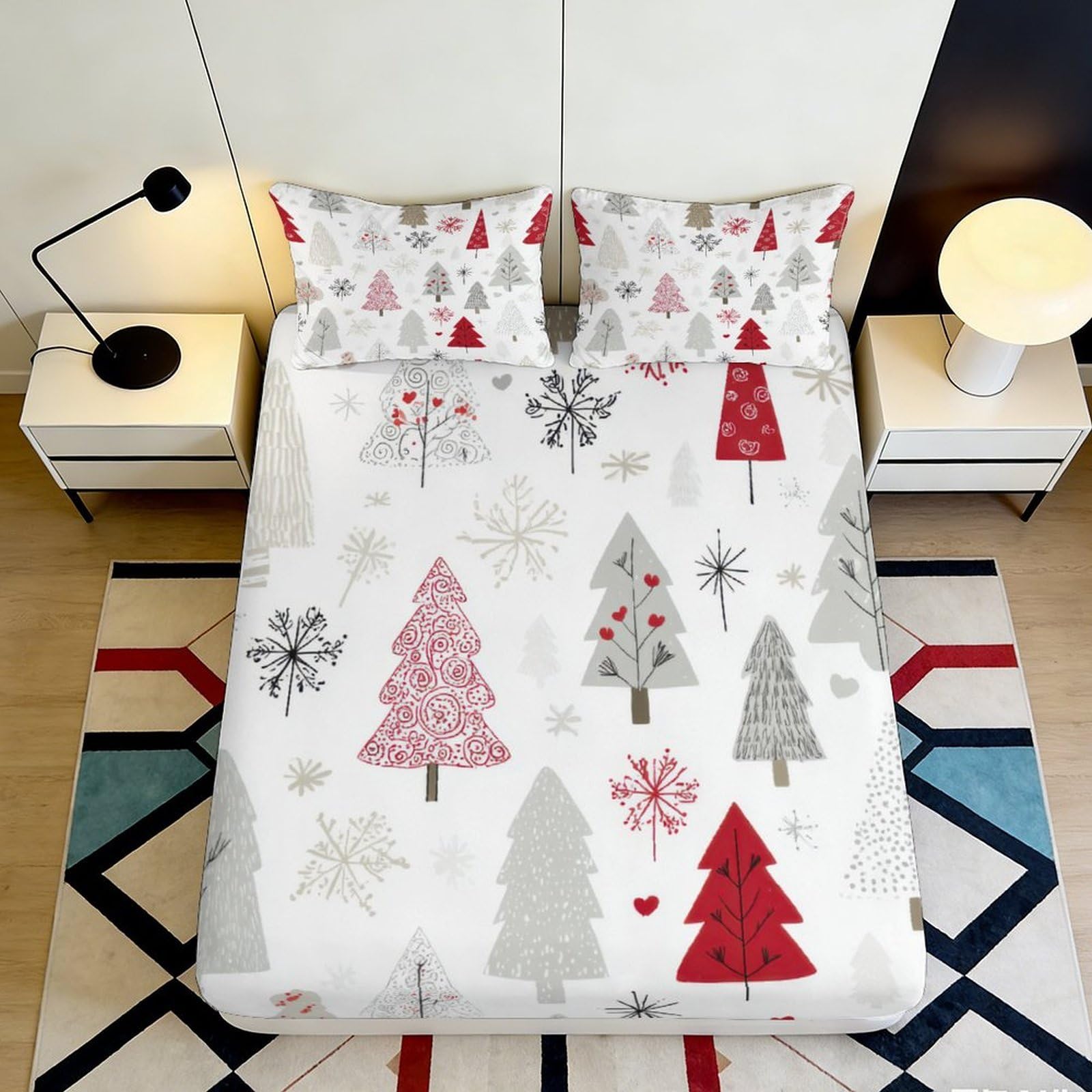 3D Printed Christmas Tree Fitted Sheet Microfiber Soft Breathable Winter Snowflake Mattress Cover for Bedroom Dormitory Guest Room Mattress Protection Decor 140x200x25cm