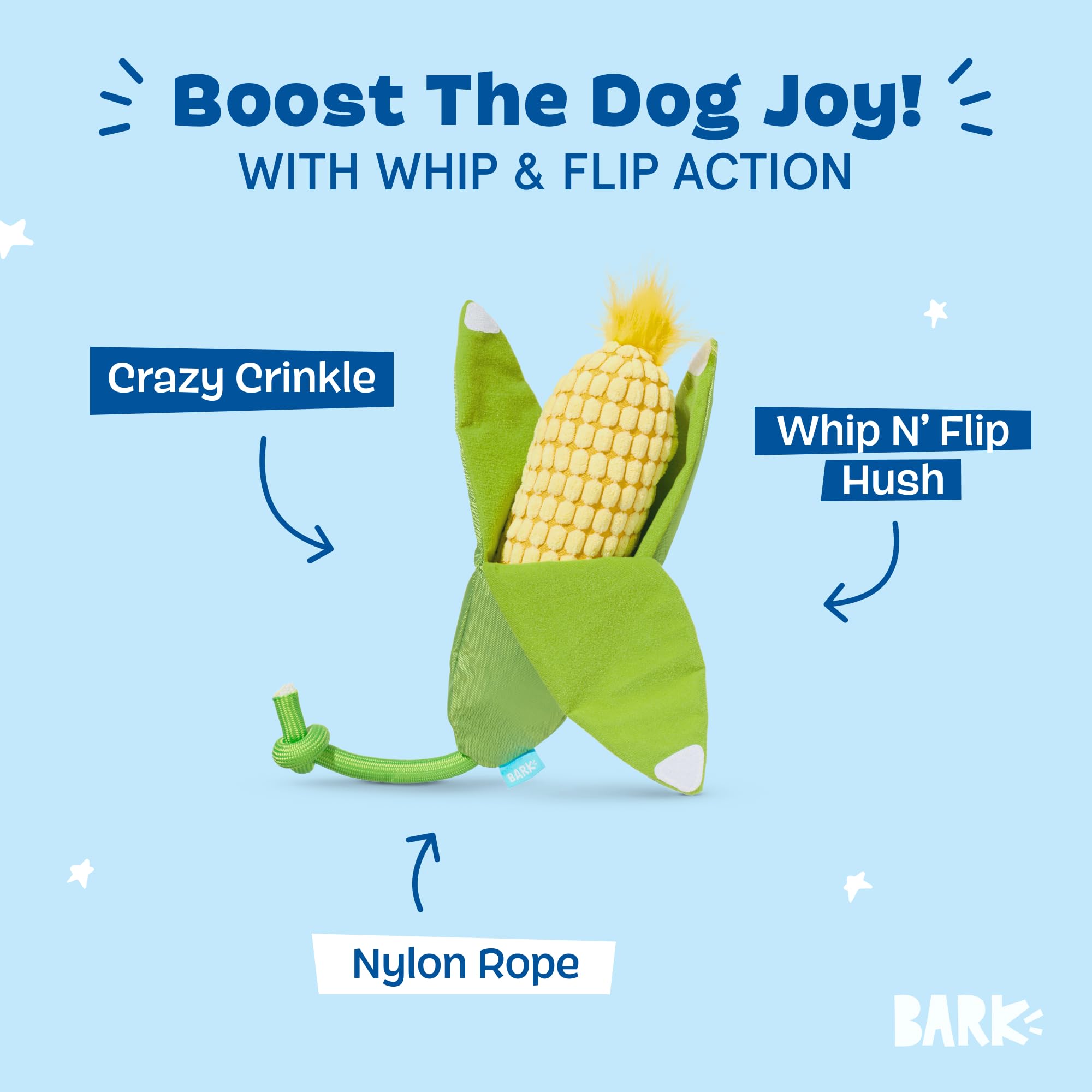 BARK Dog Toy Corn On The Slob Squeaky Toy for Dogs Plush Corn With Green Crinkle Husks, Nyoln Rope To Play Tug - Image 2