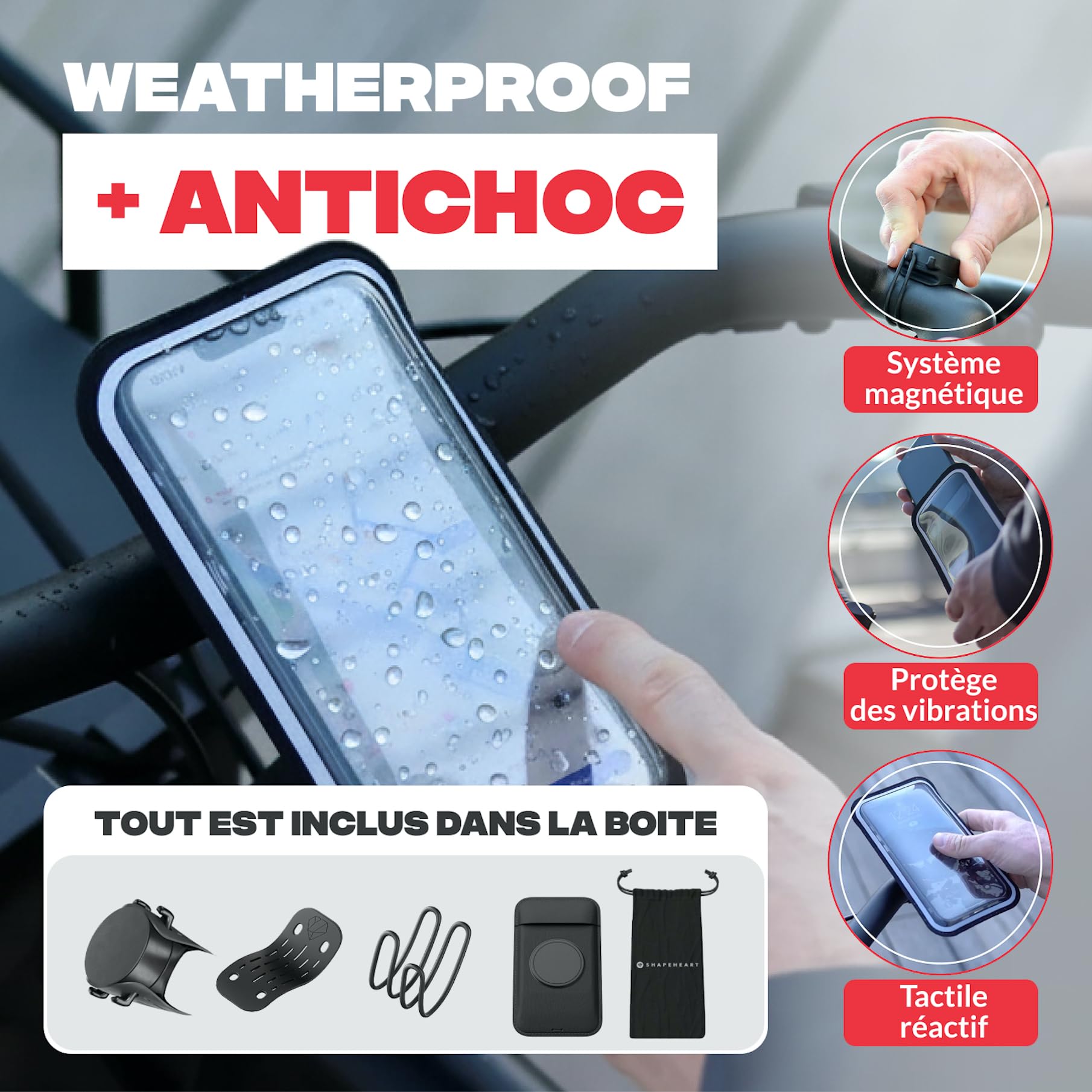 Shapeheart Support Téléphone Vélo Magnétique Universel - Pochette Étanche Tactile XL - Fixation Guidon VTT, Moto, Scooter - Housse Smartphone Imperméable Amovible - Installation Rapide et Stable