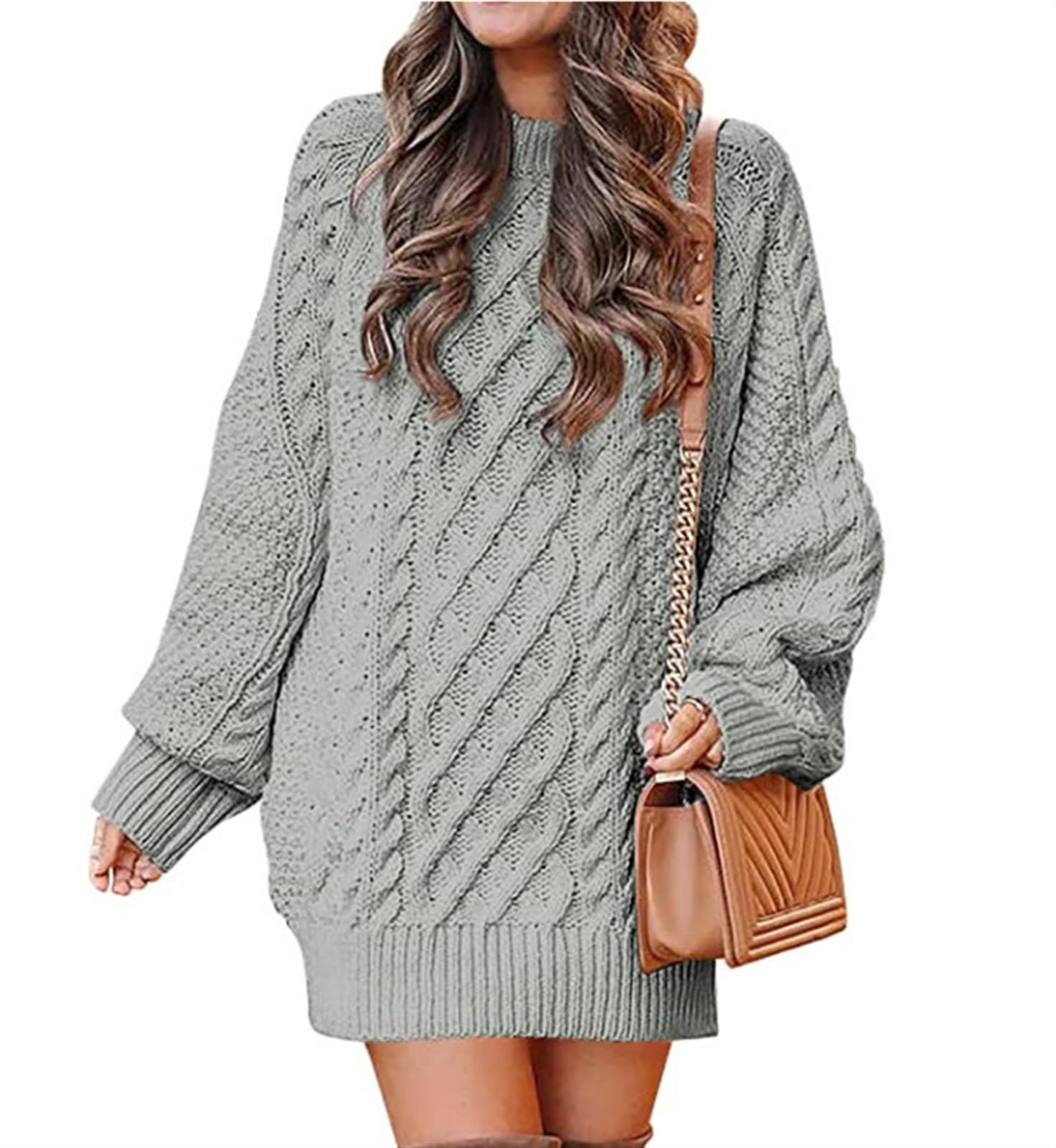 SINLEX Women Long Sleeve Oversized Cable Knit Chunky Baggy Loose Pullover Tunic Mini Sweater Dress Trendy Fall Outfits(Gray,S)