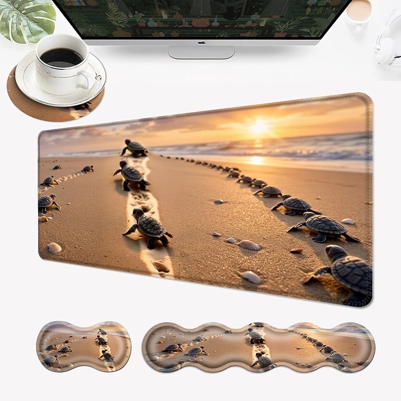 Desk Mat, Mouse Pad with Wrist Rest, 4-in-1 Large Mouse Pads for Desk, Ergonomic Mouse Pad and Keyboard Wrist Rest Gaming Keyboard Mat for Office,Sea Turtles on The Beach