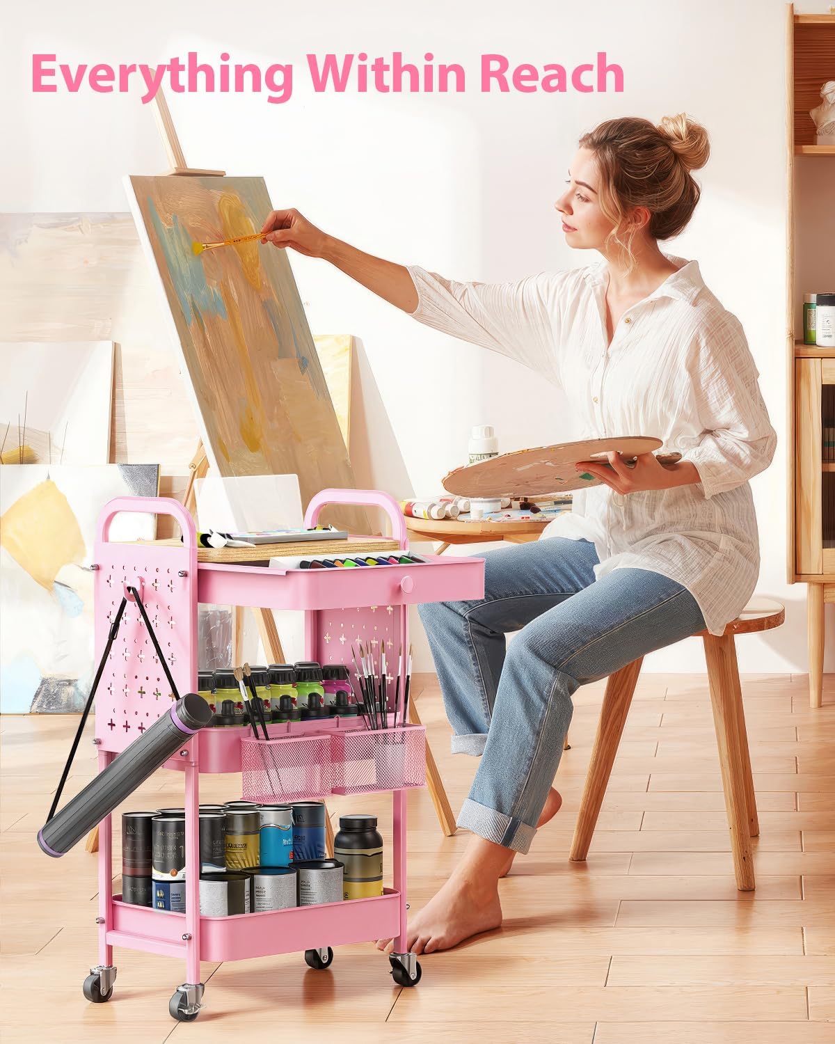 ALVOROG Rolling Cart with Drawer and Wood Table Top, 3 Tier Metal Rolling Utility Cart on Wheels with DIY Pegboards, Hanging Baskets,Hooks for Kitchen, Bedroom, Office, Craft Supplies