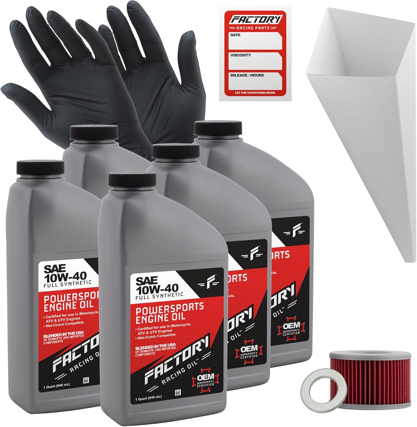 Factory Racing Parts Oil Change Kit compatible with Honda TRX500FA/FGA/FPA Fourtrax Foreman Rubicon –Includes 5 Qts 10W-40 Full Synthetic Oil, 1 Filter, 1 Crush Washer, 1 Funnel, 1 Oil Change Sticker