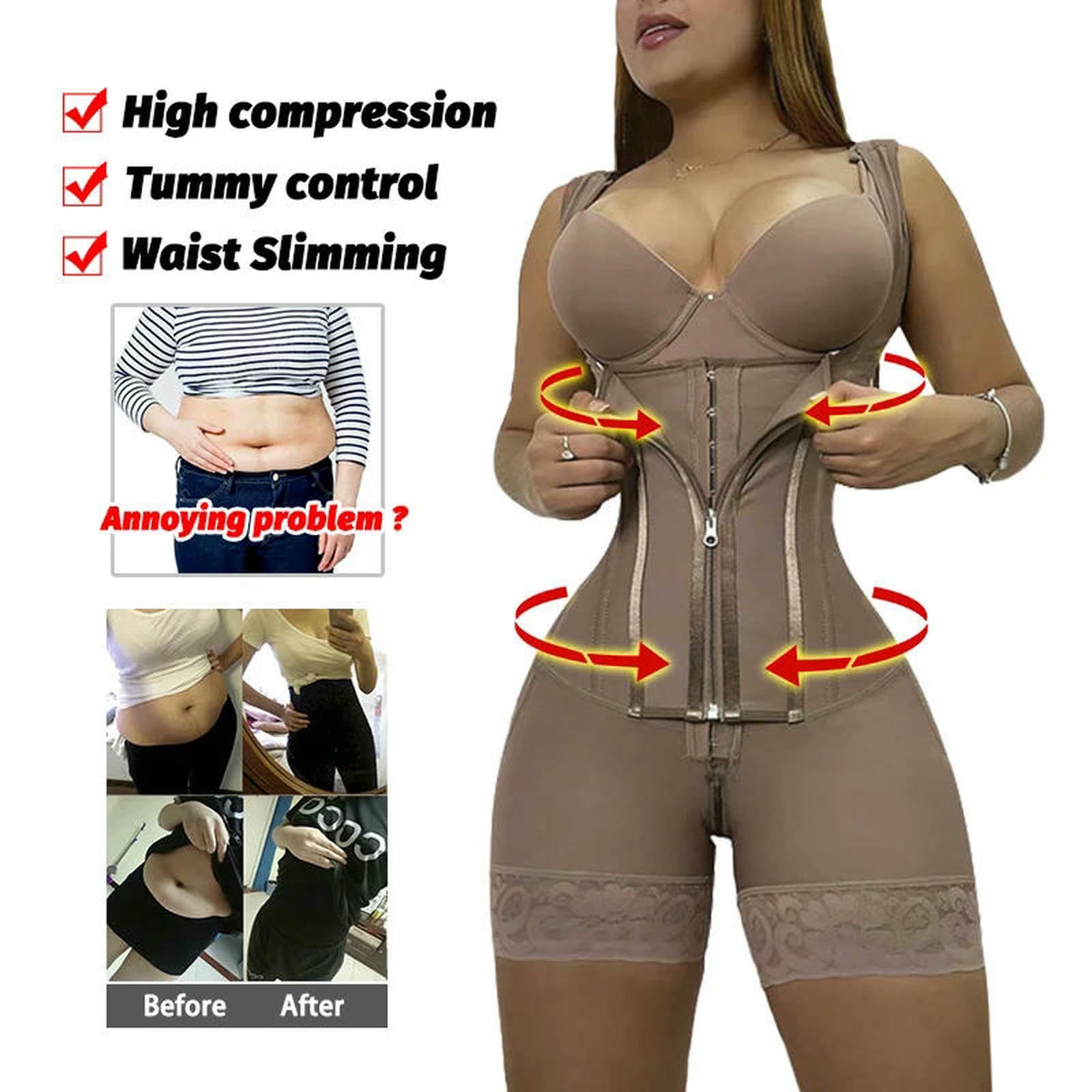 Gorset bielizna modelująca o wysokiej kompresji dla kobiet kontrola brzucha body podnoszące pośladki body modelujące sylwetkę zamek błyskawiczny w kroku-czarny-XS