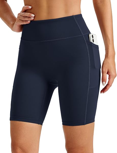 Short de motard taille haute de 20,3 cm pour femme, contrôle du ventre, sans couture avant, yoga, gym, entraînement, short en élasthanne avec poches - 2