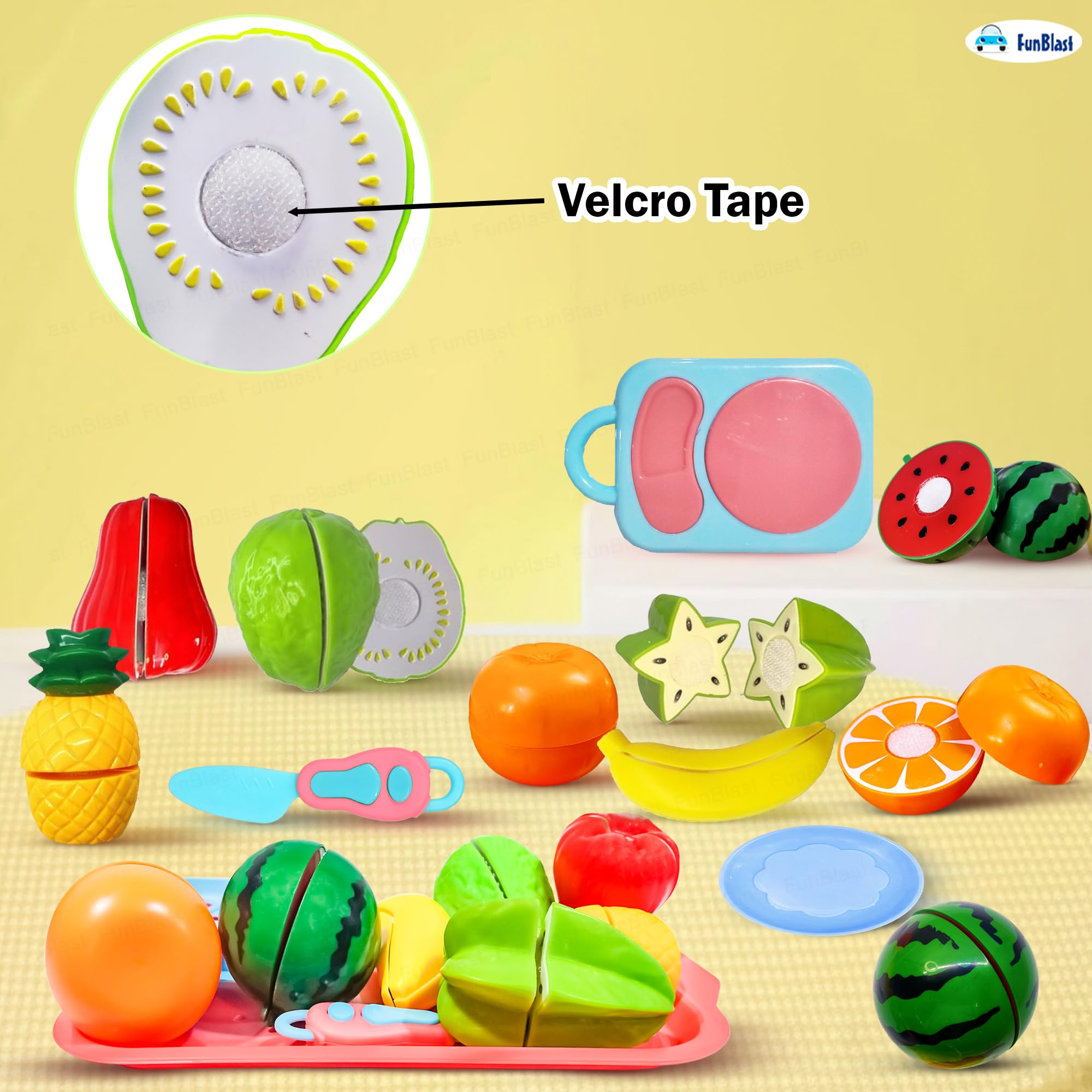 FunBlast Fruits Cutting Play Set Toys for Kids - 11 Pcs Realistic Sliceable Cutting Fruits Pretend Play Kitchen Toys for Kids, Play Food Toys with Chopping Board, Tray & Knife (Multicolor-B) 2