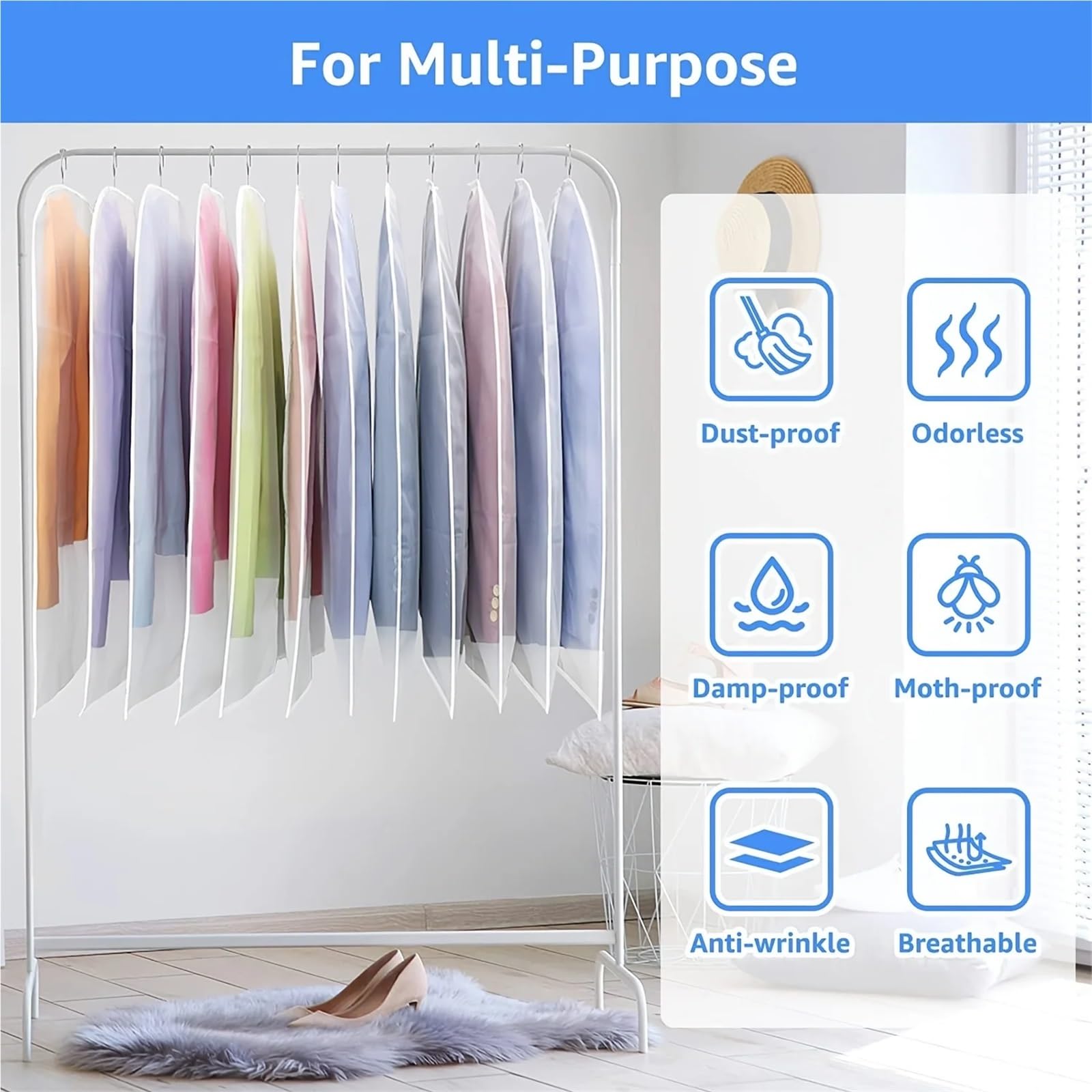 Fundas Ropa 5 bolsas transparentes for ropa, a prueba de polvo, con cremallera, for colgar, organizadores armario, protectores(5pcs 60x140cm)