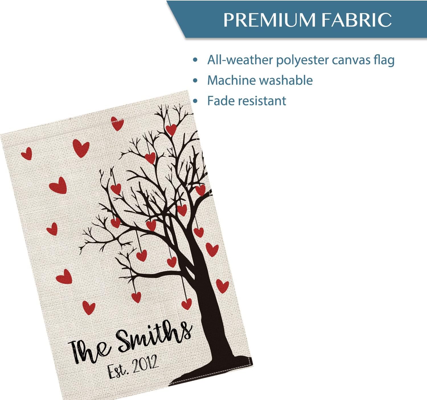 Smile Personalized Valentine's Day House Flag, Love Tree Custom Family Last Name and Establish Year, Double Sided 28 x 40 Inch Rustic Farmhouse Burlap Yard Outdoor Decoration