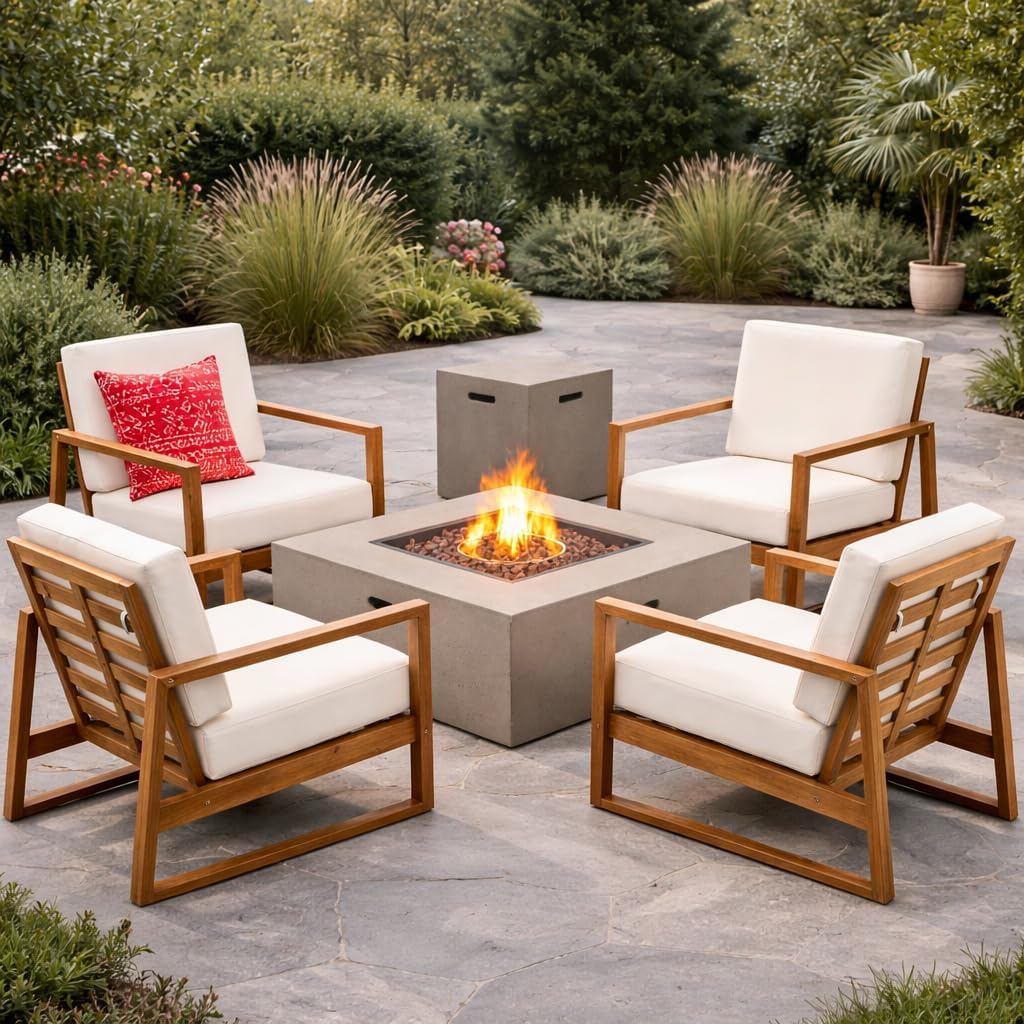 Juego de muebles de patio belga Christopher Knight Home con mesa de pozo de fuego y soporte para tanque, juego de conversación al aire libre con mesa de fuego, juego de 4 sillas de madera de acacia para exteriores, teca+crema+gris claro