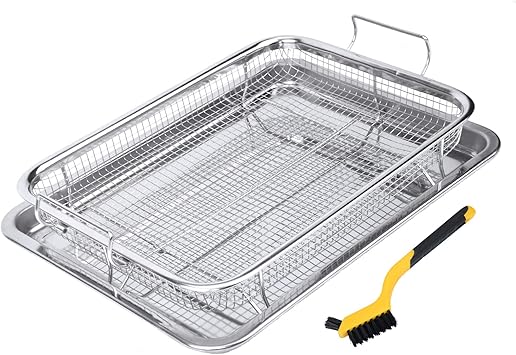 Eyourlife 2 Piece 18/8 Stainless Steel Air Fryer Basket for Oven, 12.8 x 9.6 Inch Crisper Tray an...