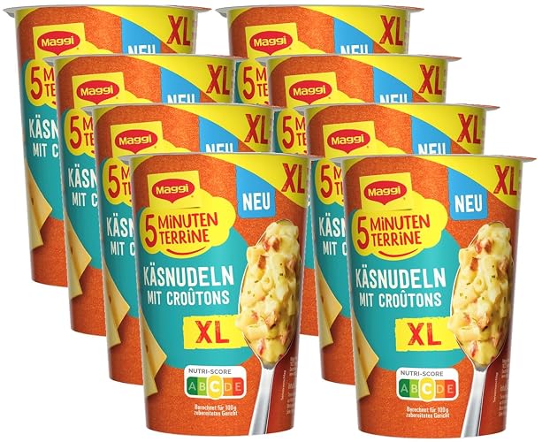 MAGGI 5 Minuten Terrine XL Käsenudeln mit Croutons, leckeres Fertiggericht mit Instant Nudeln, Pasta-Snack in käsig-cremiger Sauce mit Röstzwiebeln, 8er Pack (8 x 87g) - 87g (8er Pack)