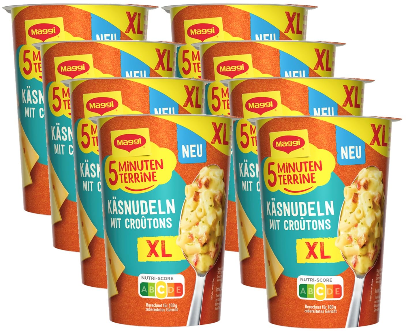 MAGGI 5 Minuten Terrine XL Käsenudeln mit Croutons, leckeres Fertiggericht mit Instant Nudeln, Pasta-Snack in käsig-cremiger Sauce mit Röstzwiebeln, 8er Pack (8 x 87g)