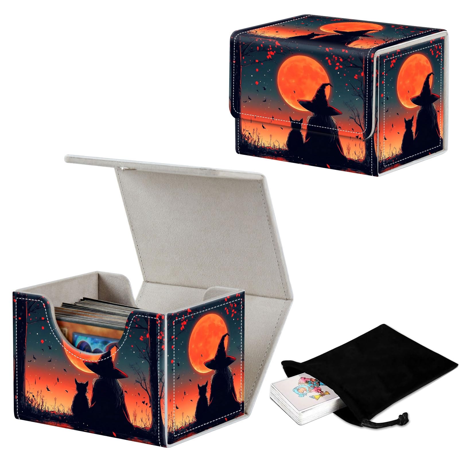 GYSYZJDH Stylish MTG Deck Box for 110+ Cards, Magnetic Commander Deck Case with Bonus Game Card Pouch, Durable Storage for TCG and Sleeved Magic Cards, Witch And Cat