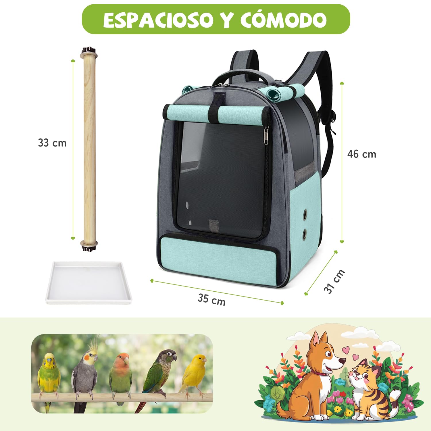 ALLSOPETS Mochila para Pájaros para Loros y Mascotas Pequeñas – Bolsa Transpirable con Percha Ajustable y Bandeja Extraíble, Ideal para Viajes y Actividades al Aire Libre (Azul Glaciar)