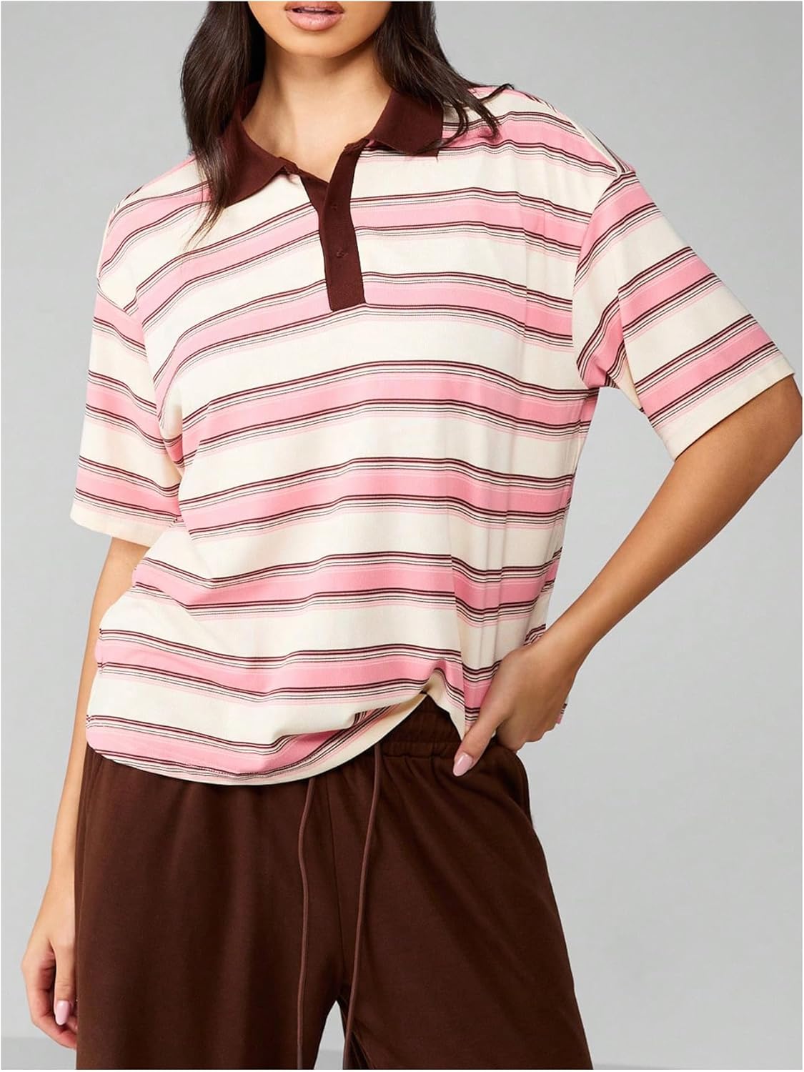 Women's Summer Tops Striped Short Sleeve Collared Button Up Preppy T Shirt Streetwear - Image 3