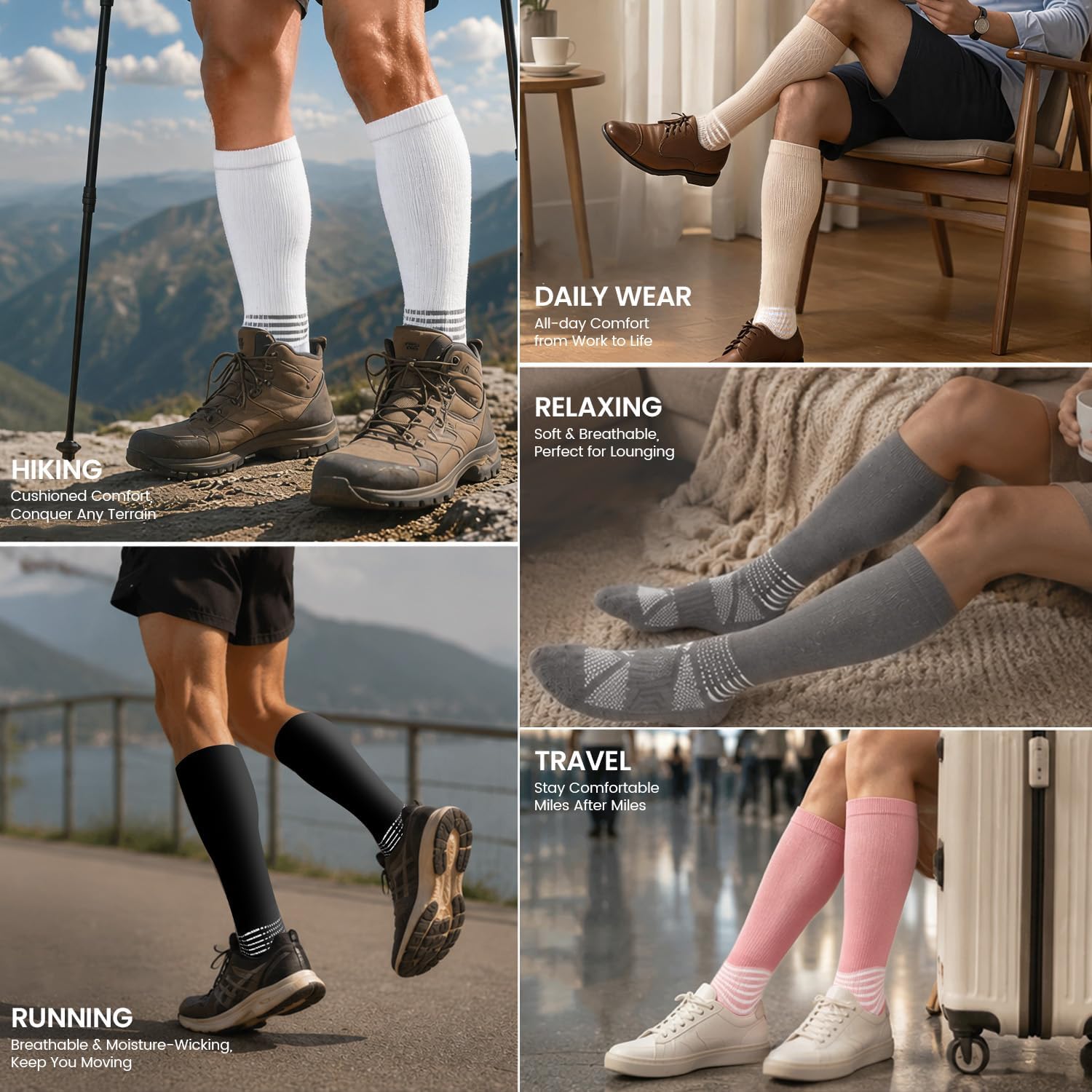 IRAMY Cotton Compression Ankle Support Socks Women Men Knee High Plantar Fasciitis Running Athletic Recovery 4 Packs