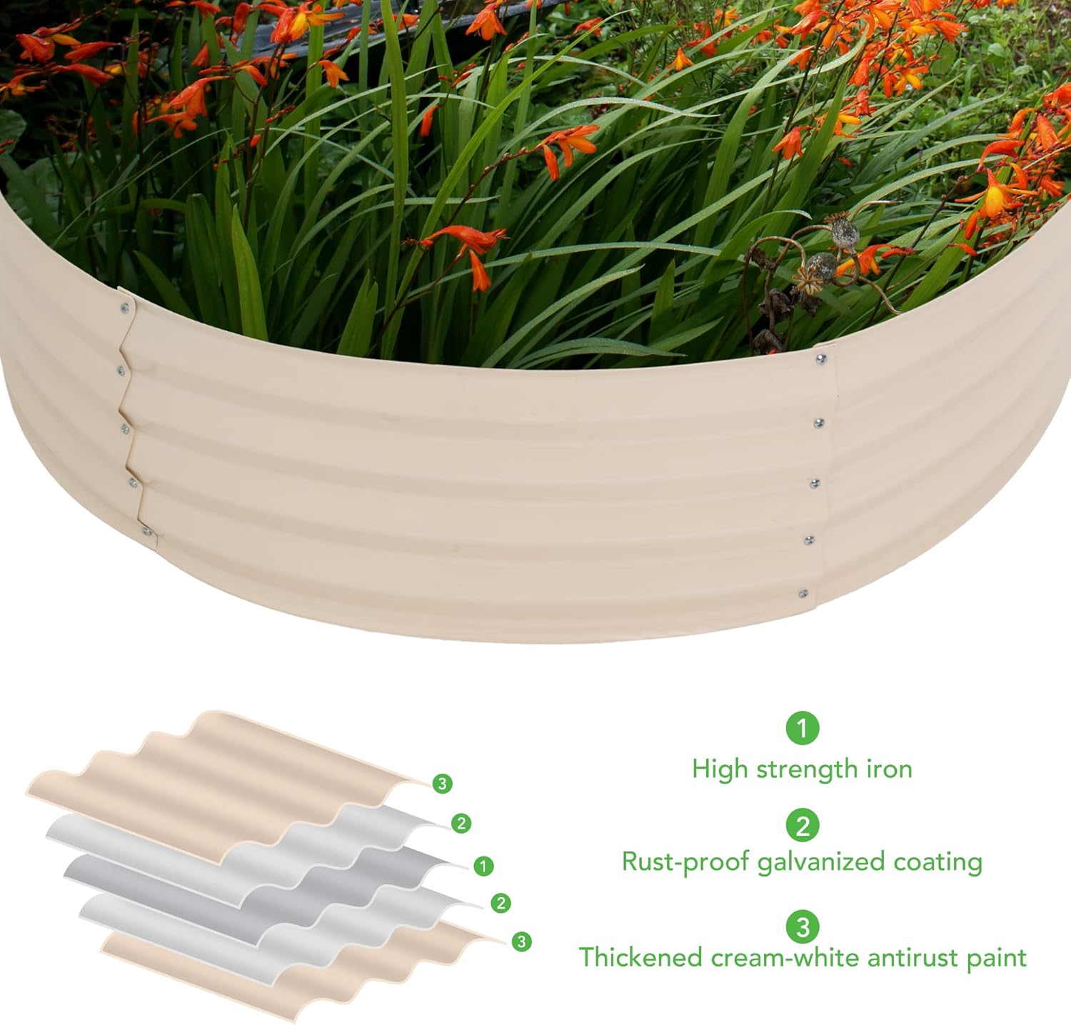 Sundale Outdoor 2 Pack Galvanized Raised Garden Bed Kit, 4x4x1ft Planter Raised Garden Boxes Outdoor with Anti-Rust Paint, Round Metal Planter Box for Vegetables Flower（Beige）